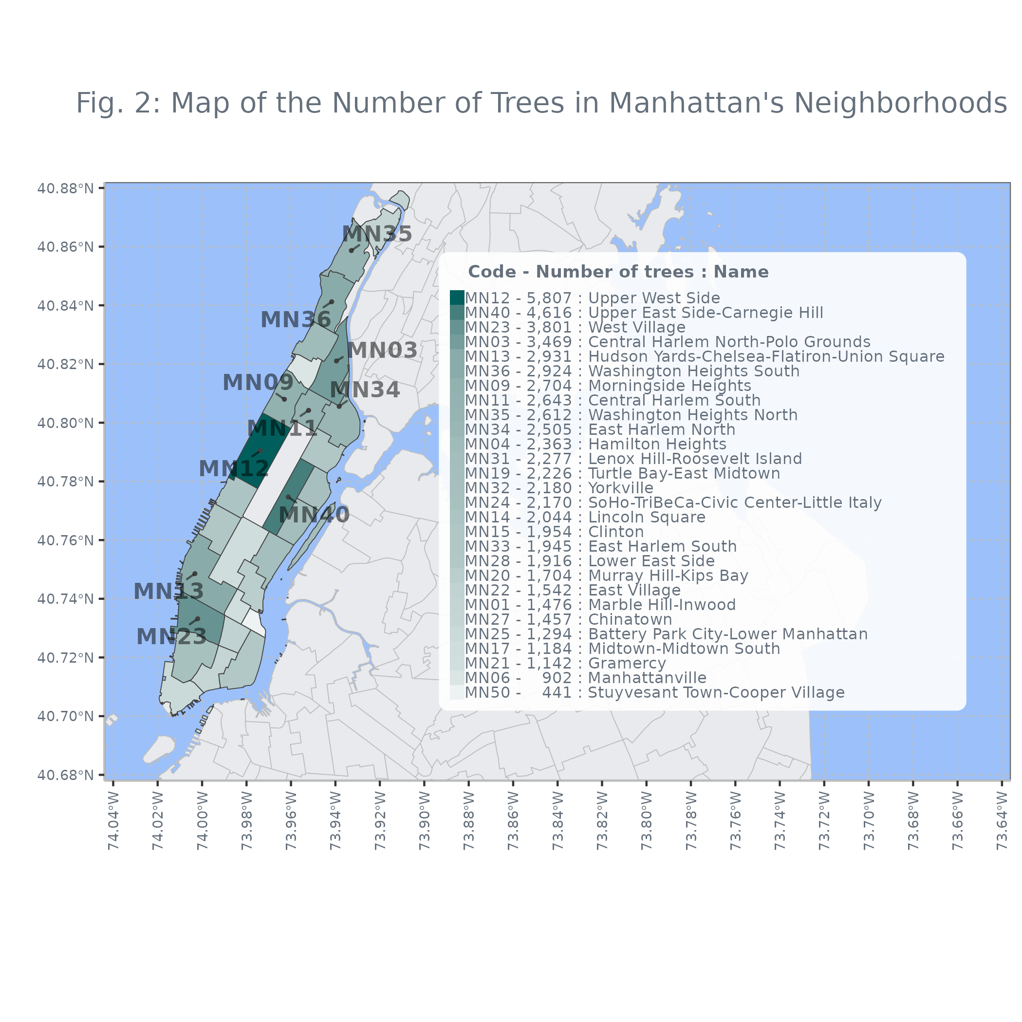 Fig. 2: Map of the Number of Trees in Manhattan's Neighborhoods