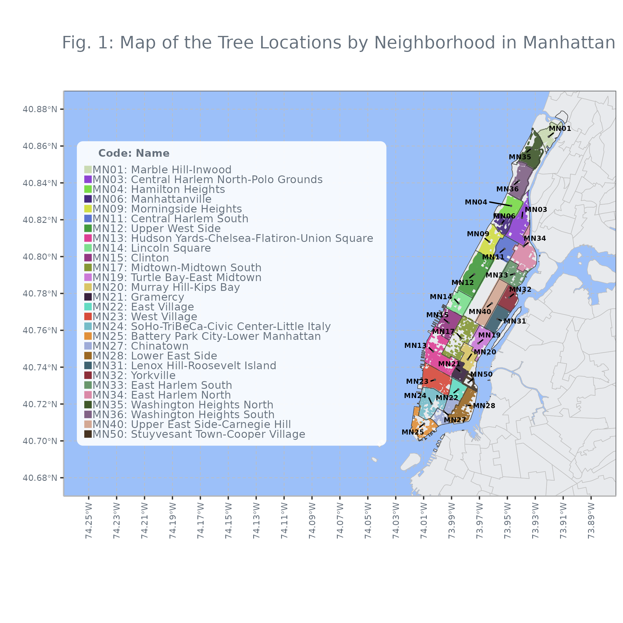 Fig. 1: Map of the Tree Locations by Neighborhood in Manhattan